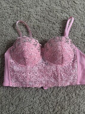 Embellished Pink Lace Longline Bralette